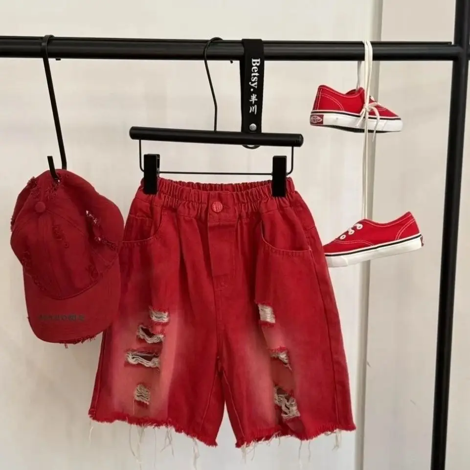 Kids Red Rough Denim Shorts Set Summer 2025 — feature 3