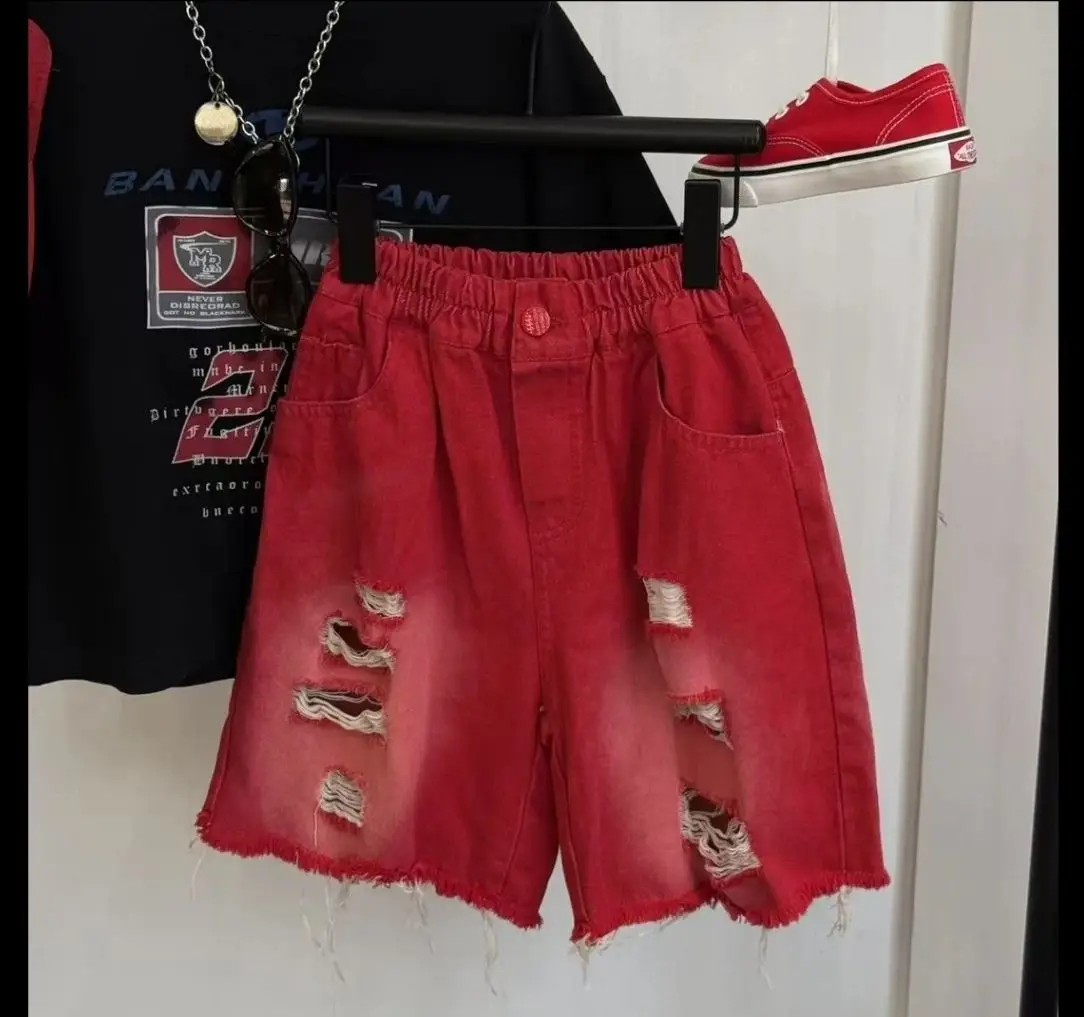 Kids Red Rough Denim Shorts Set Summer 2025 — feature 4
