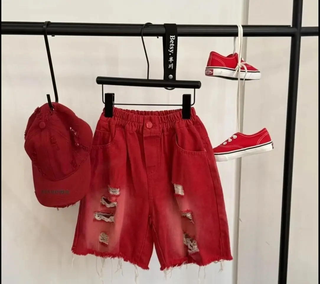 Kids Red Rough Denim Shorts Set Summer 2025 — feature 6