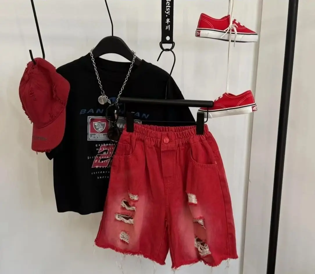 Kids Red Rough Denim Shorts Set Summer 2025 — feature 7