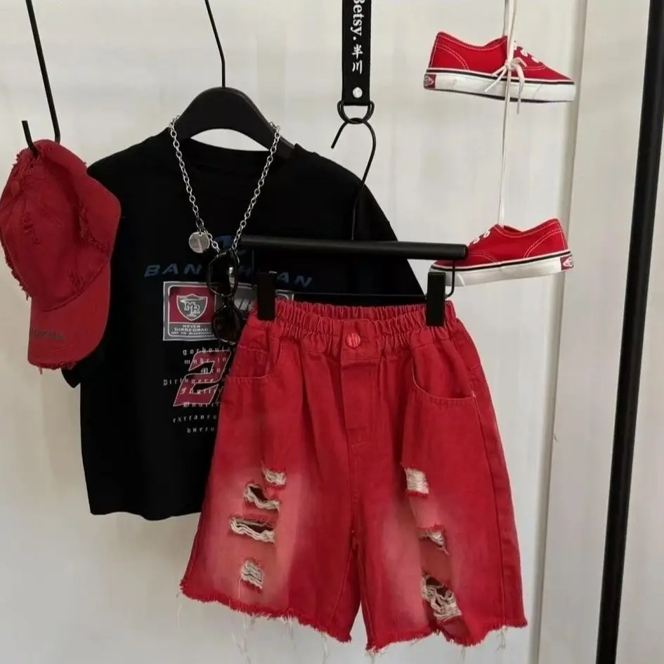 Kids Red Rough Denim Shorts Set Summer 2025 — feature 8