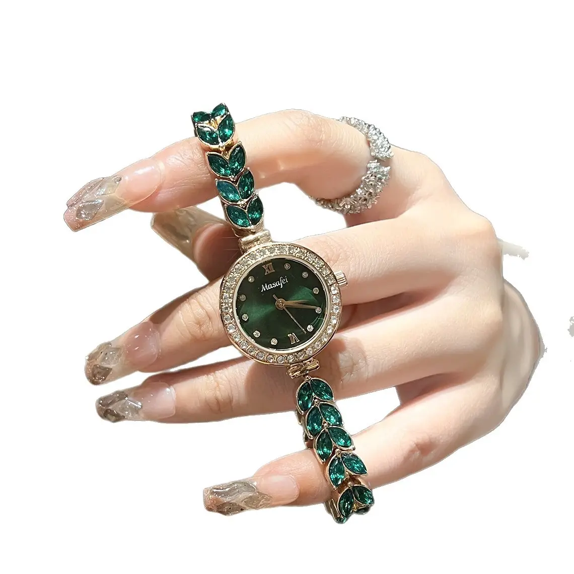 Luxury Mermaid Watch for Women with Green Leaves Design - Image 7