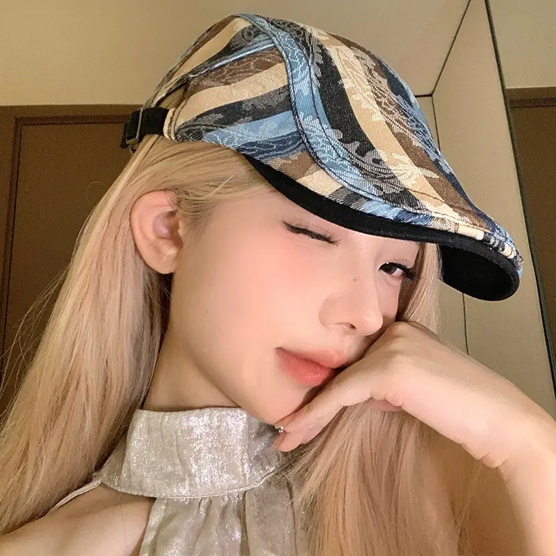 Women Striped Duckbill Cap with Wash Denim Beret - Image 5
