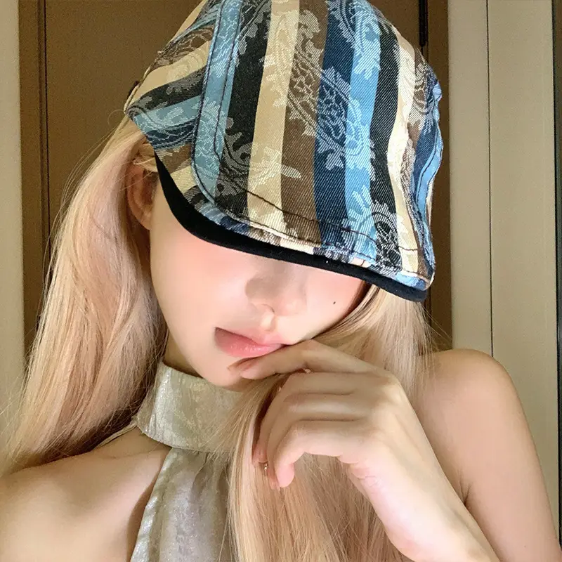 Women Striped Duckbill Cap with Wash Denim Beret - Image 6