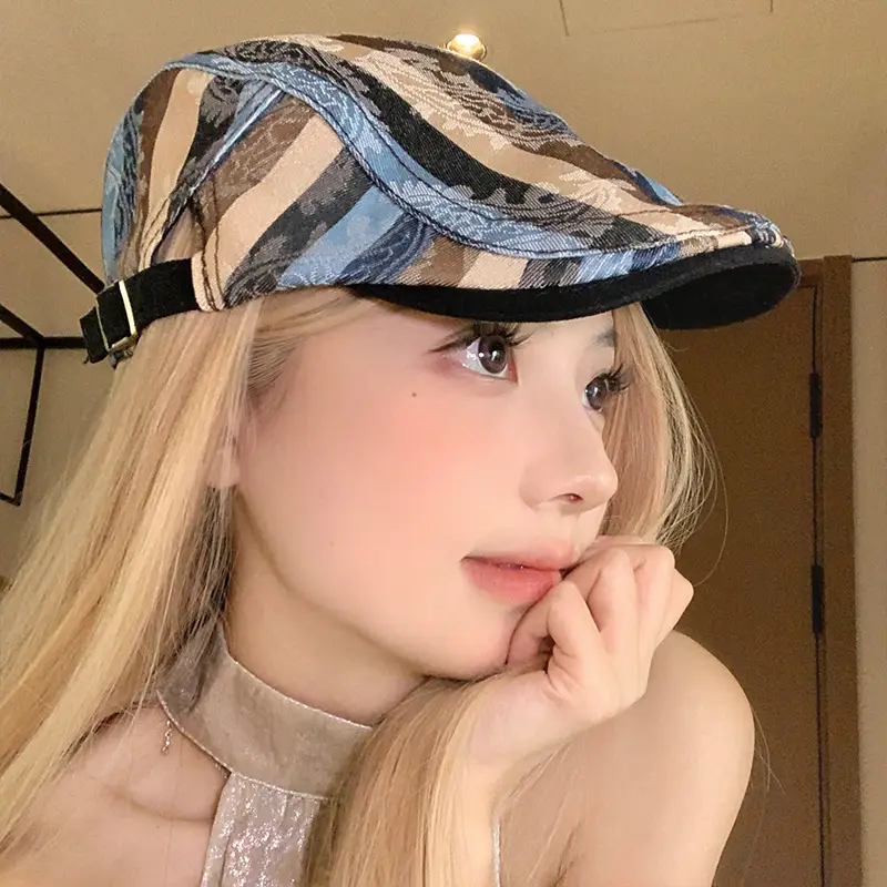 Women Striped Duckbill Cap with Wash Denim Beret - Image 7