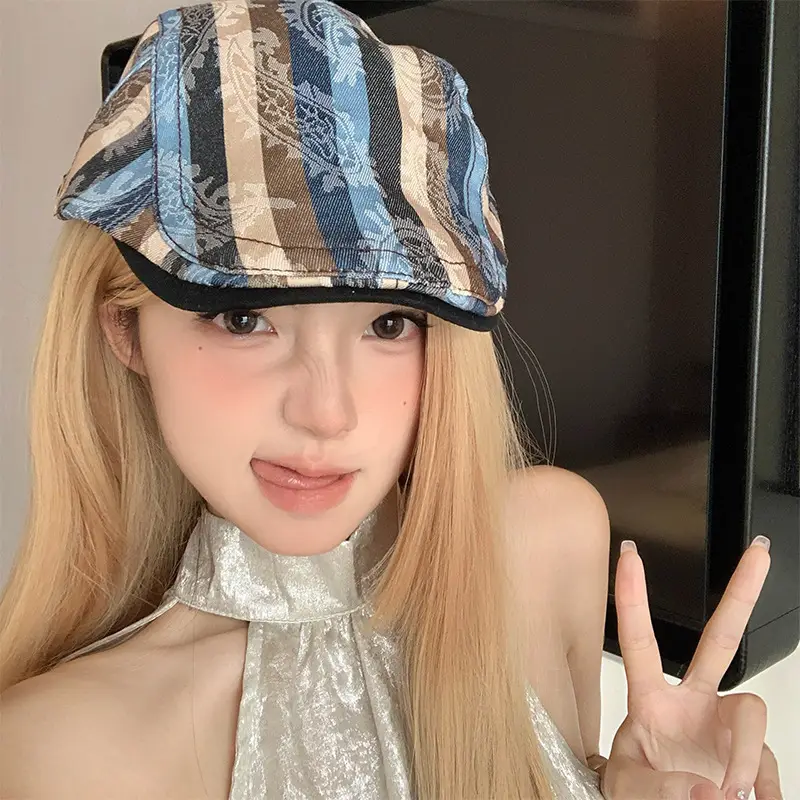 Women Striped Duckbill Cap with Wash Denim Beret - Image 8