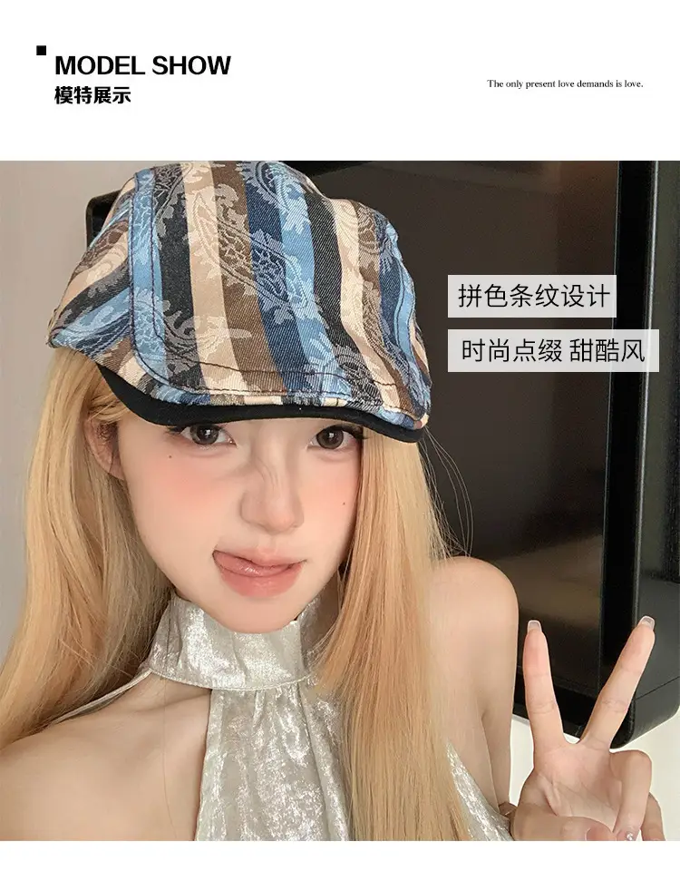 Women Striped Duckbill Cap with Wash Denim Beret — feature 10