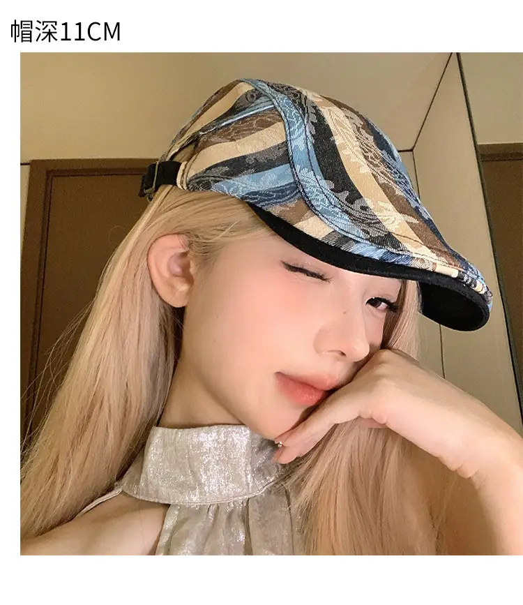Women Striped Duckbill Cap with Wash Denim Beret — feature 11