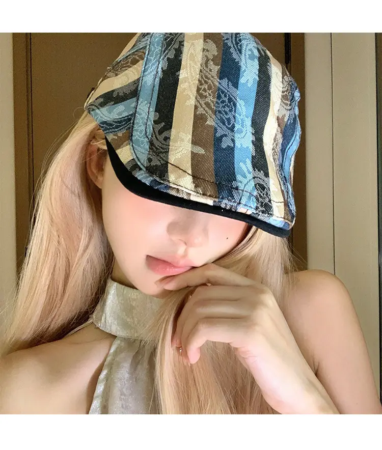 Women Striped Duckbill Cap with Wash Denim Beret — feature 13