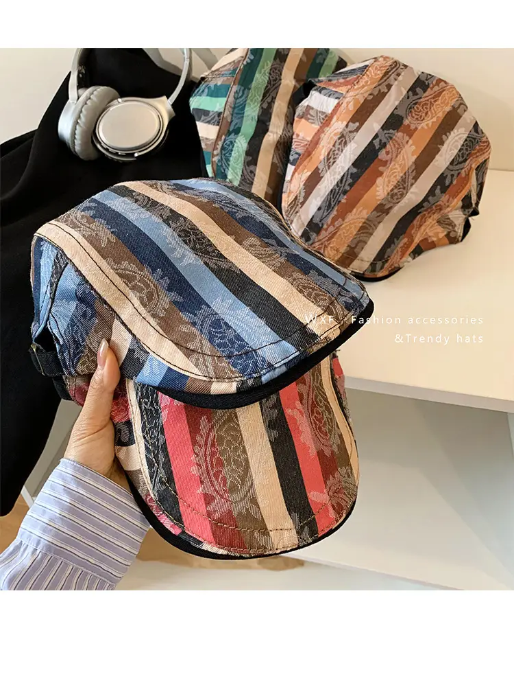 Women Striped Duckbill Cap with Wash Denim Beret — feature 16