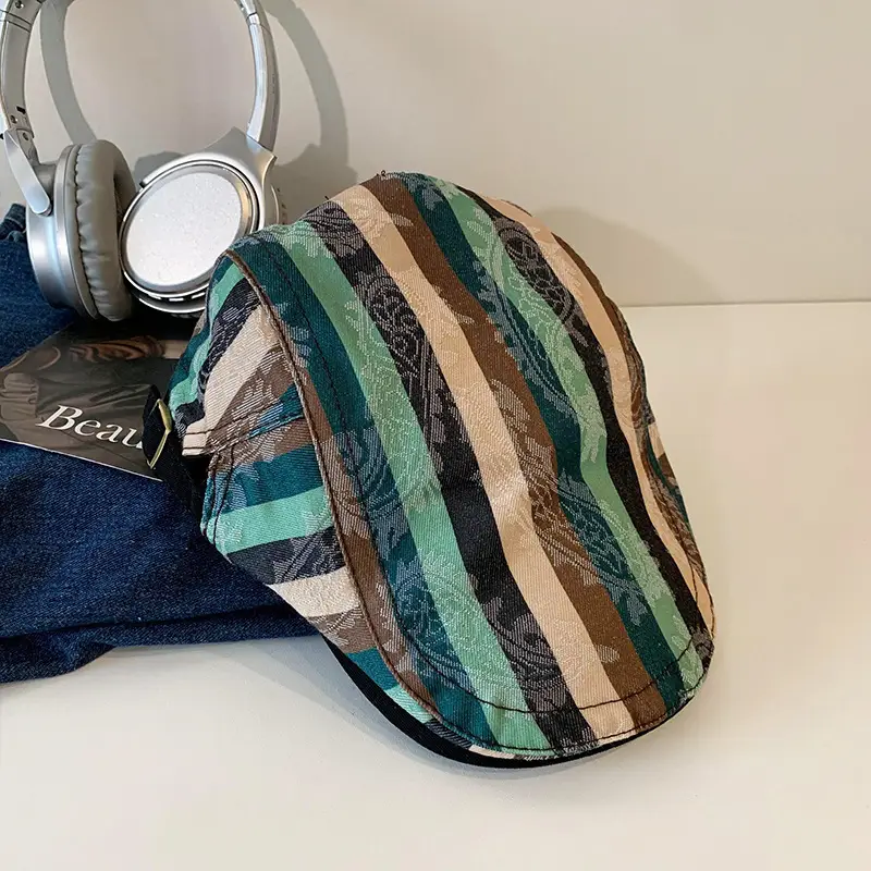 Women Striped Duckbill Cap with Wash Denim Beret - Image 2