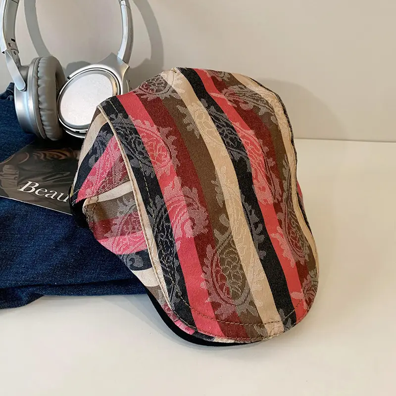 Women Striped Duckbill Cap with Wash Denim Beret - Image 3