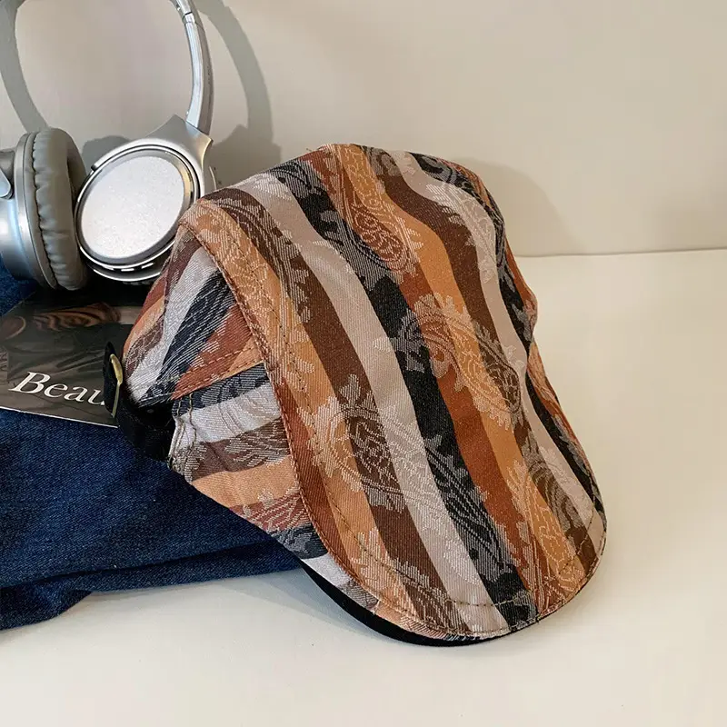 Women Striped Duckbill Cap with Wash Denim Beret - Image 4