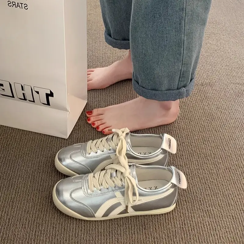 Fashionable Forrest Gump Shoes for Women 2025 New Summer Silver Flats-Soled Lace-Up Casual Sports Comfortable and Lightweight White Shoes