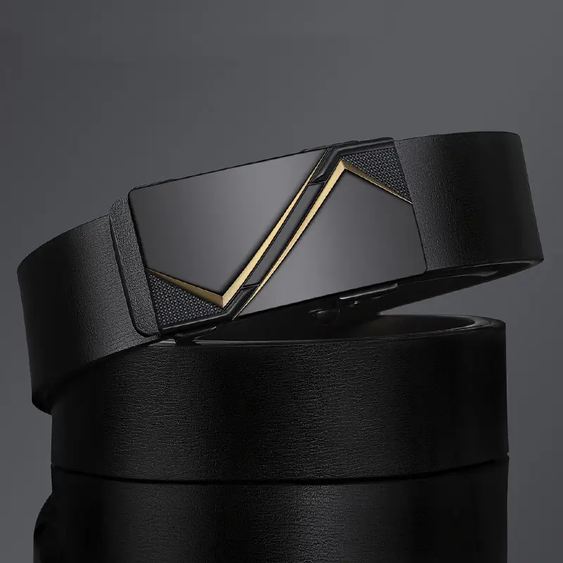 Men's Black Leather Belt with Gold Trim - Image 5