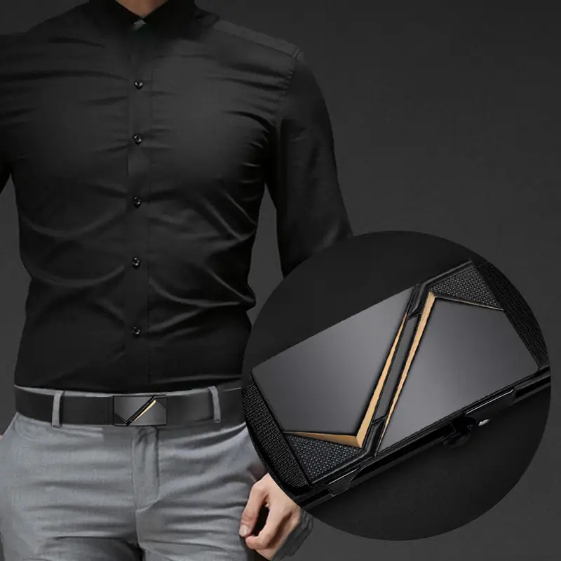 Men's Black Leather Belt with Gold Trim - Image 6