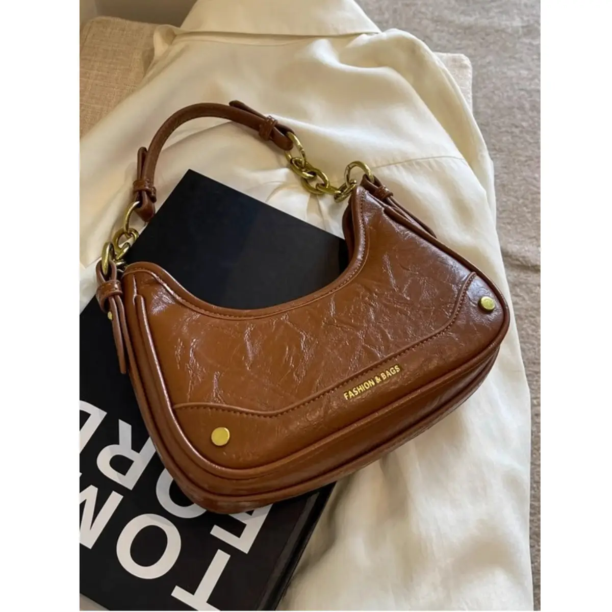 Brown Leather Crescent Bag with Gold Chain for Women - Image 5