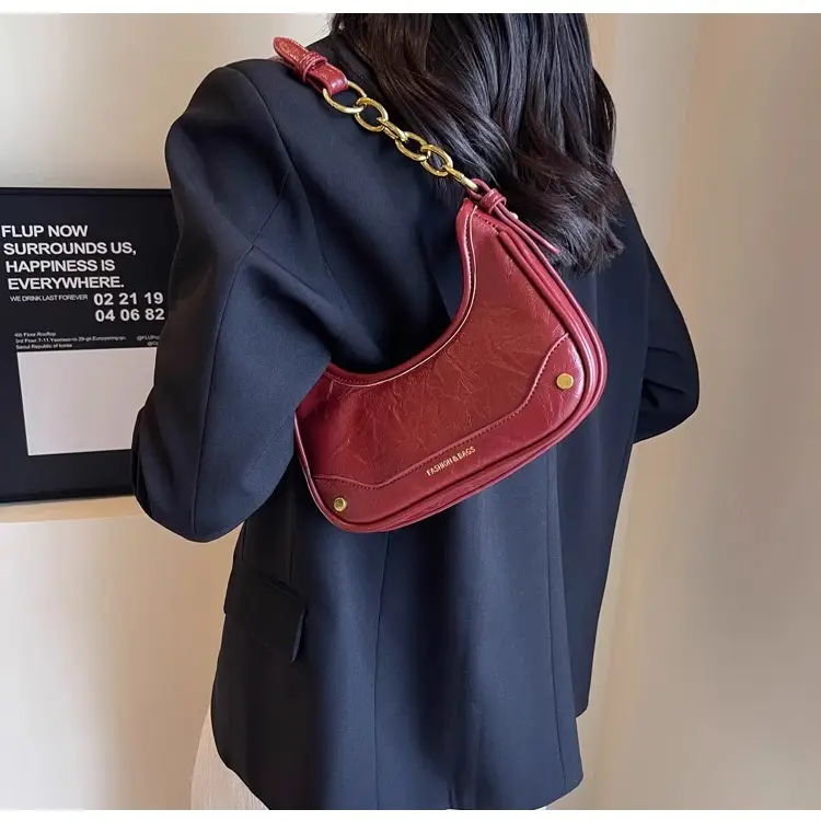 Brown Leather Crescent Bag with Gold Chain for Women — feature 11