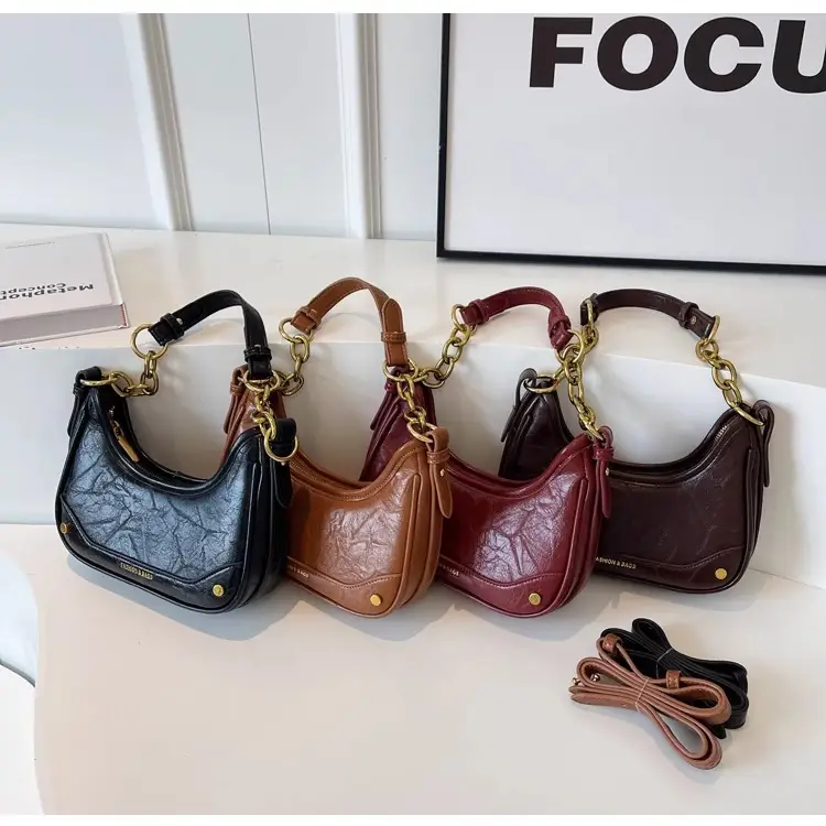 Brown Leather Crescent Bag with Gold Chain for Women — feature 36