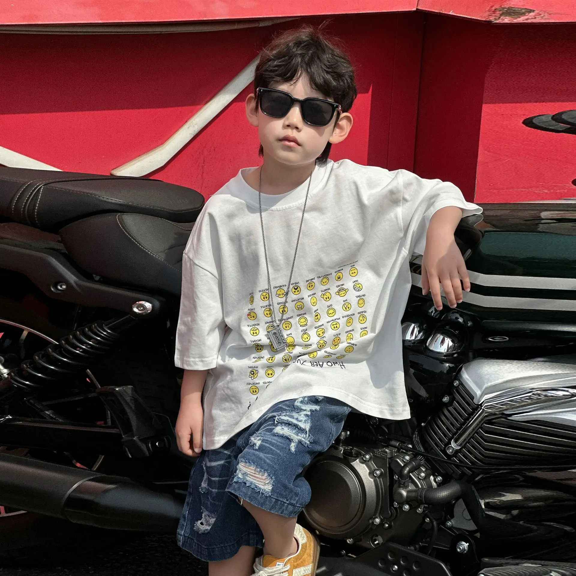 Boys Pure Cotton Summer T-Shirt White Yellow Print — feature 13