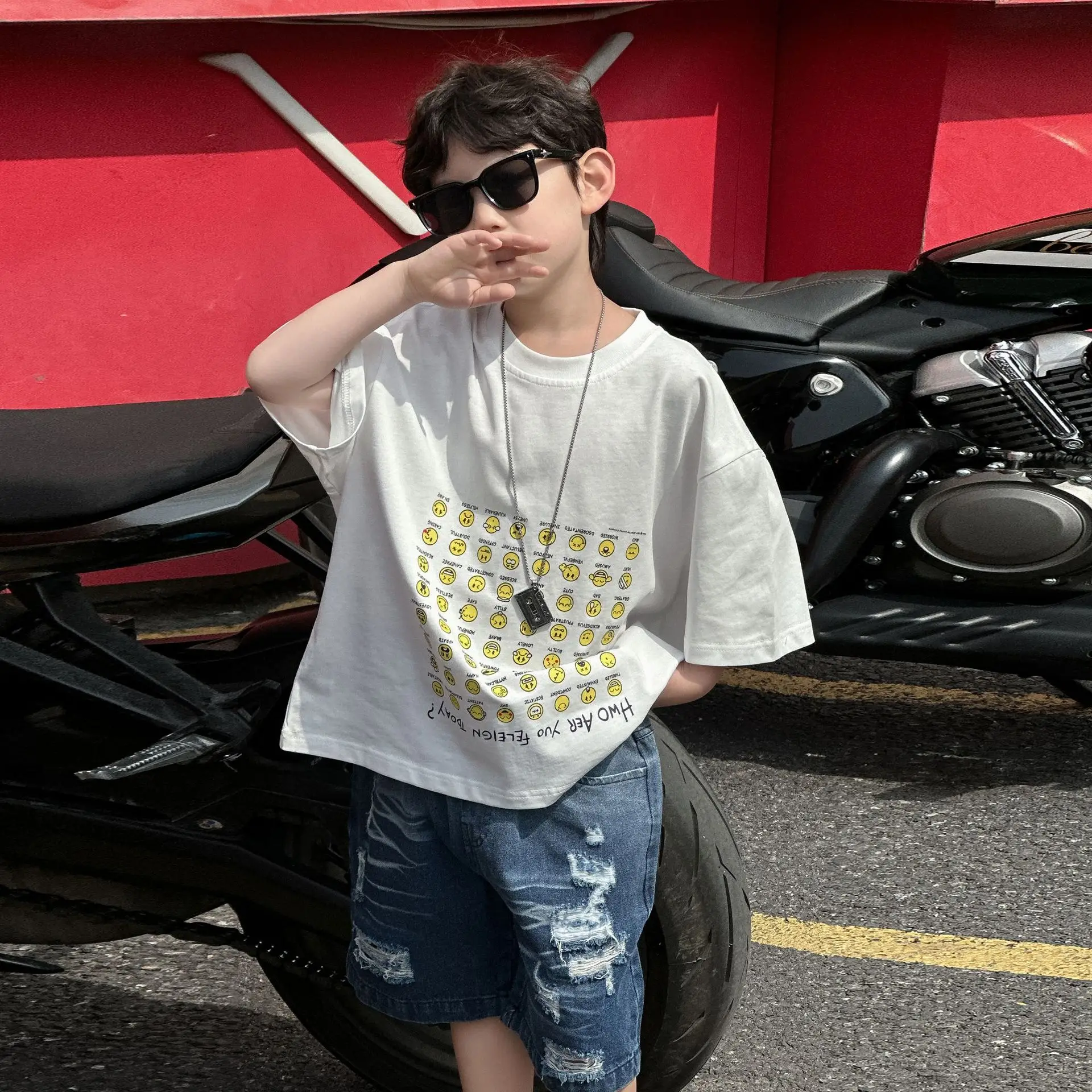 Boys Pure Cotton Summer T-Shirt White Yellow Print — feature 6