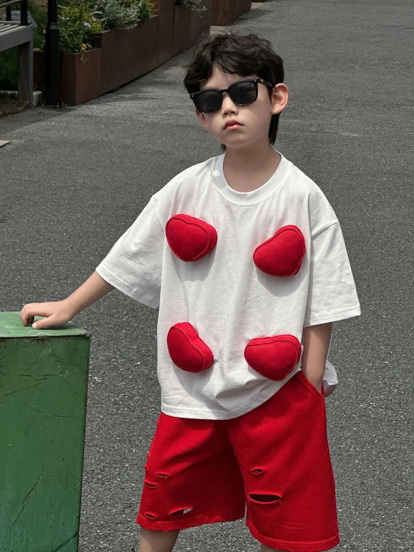 2025 Boys T-shirt Red Heart Print Cotton Shorts Set