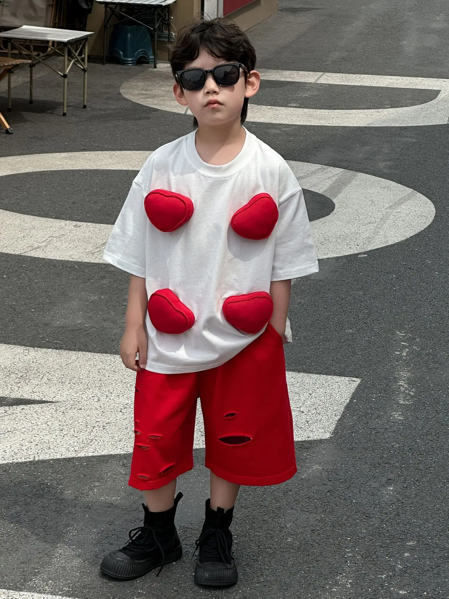 2025 Boys T-shirt Red Heart Print Cotton Shorts Set