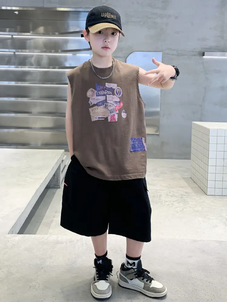 Summer Cotton Cartoon Vest for Boys Black Shorts
