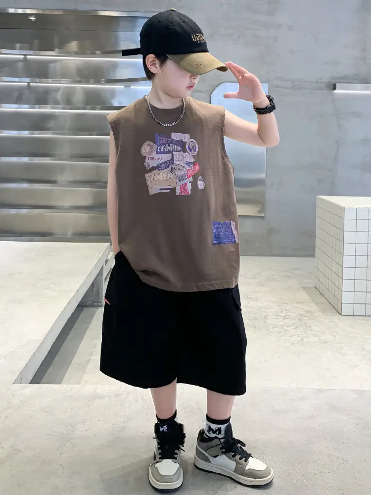 Summer Cotton Cartoon Vest for Boys Black Shorts