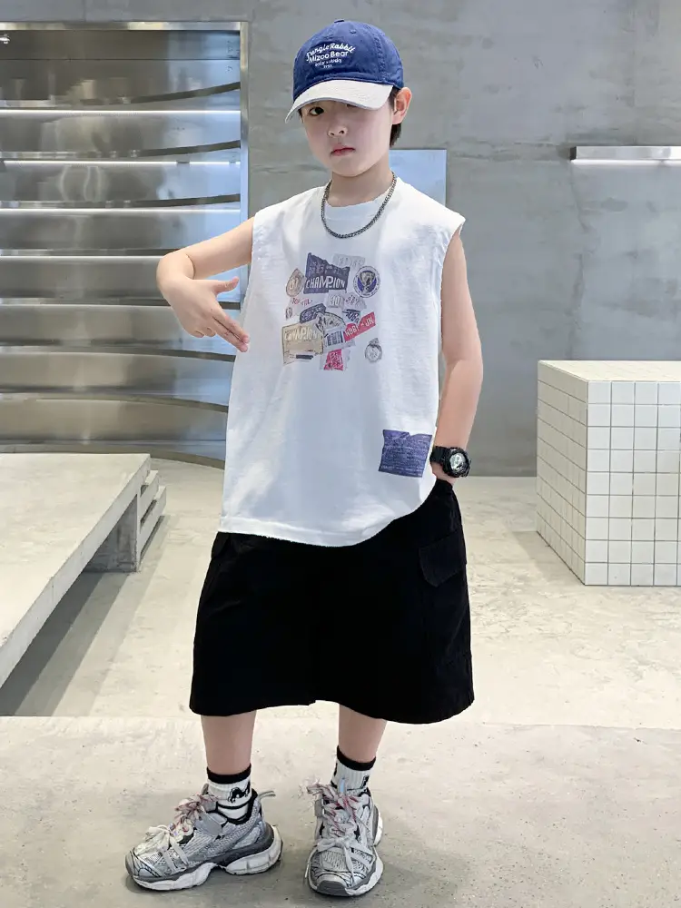 Summer Cotton Cartoon Vest for Boys Black Shorts