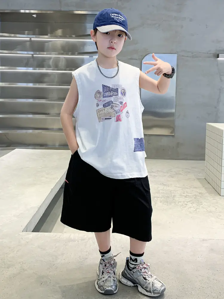 Summer Cotton Cartoon Vest for Boys Black Shorts