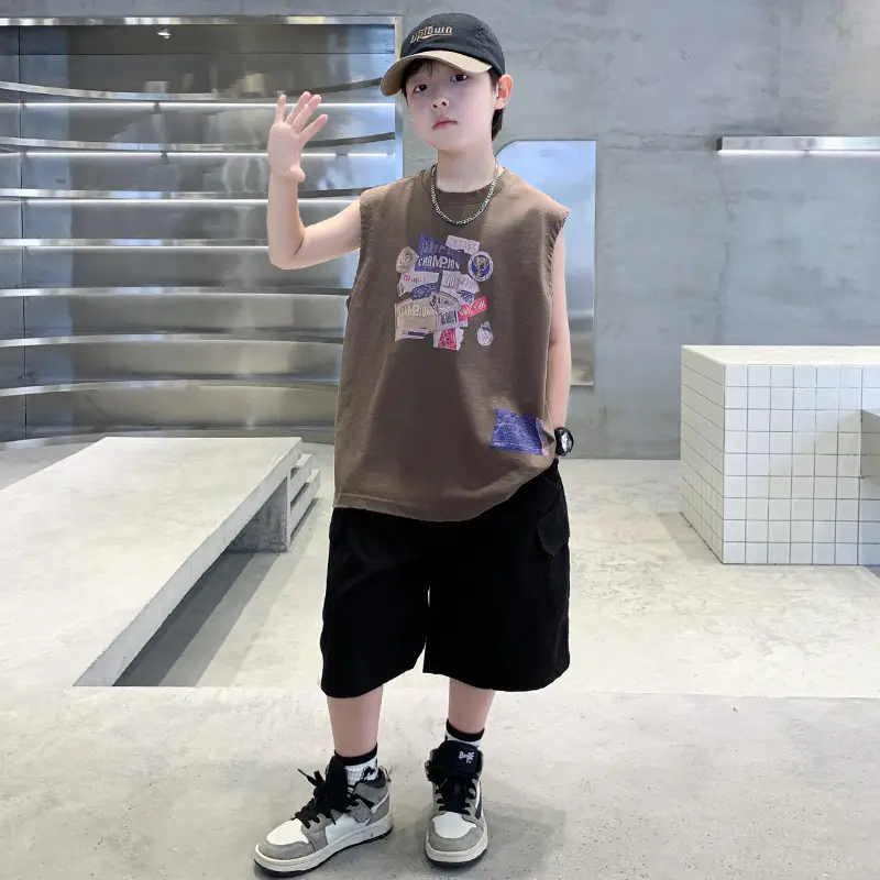 Summer Cotton Cartoon Vest for Boys Black Shorts