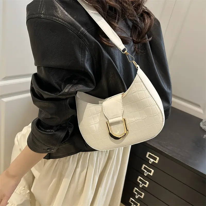 Women's White Embroidered Shoulder Bag with Gold Buckle - Image 6