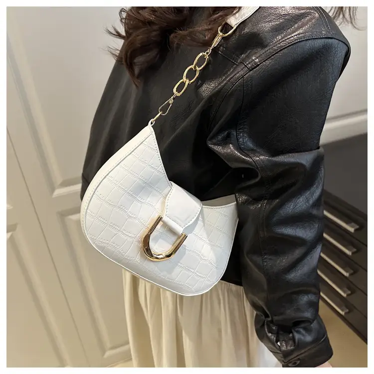 Women's White Embroidered Shoulder Bag with Gold Buckle — feature 10