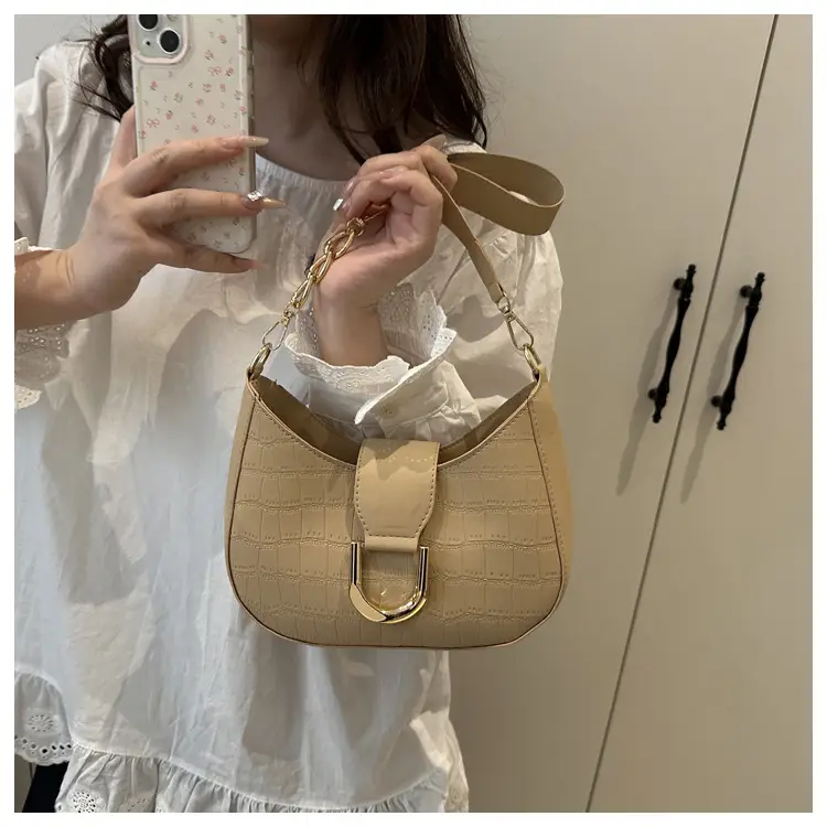 Women's White Embroidered Shoulder Bag with Gold Buckle — feature 16