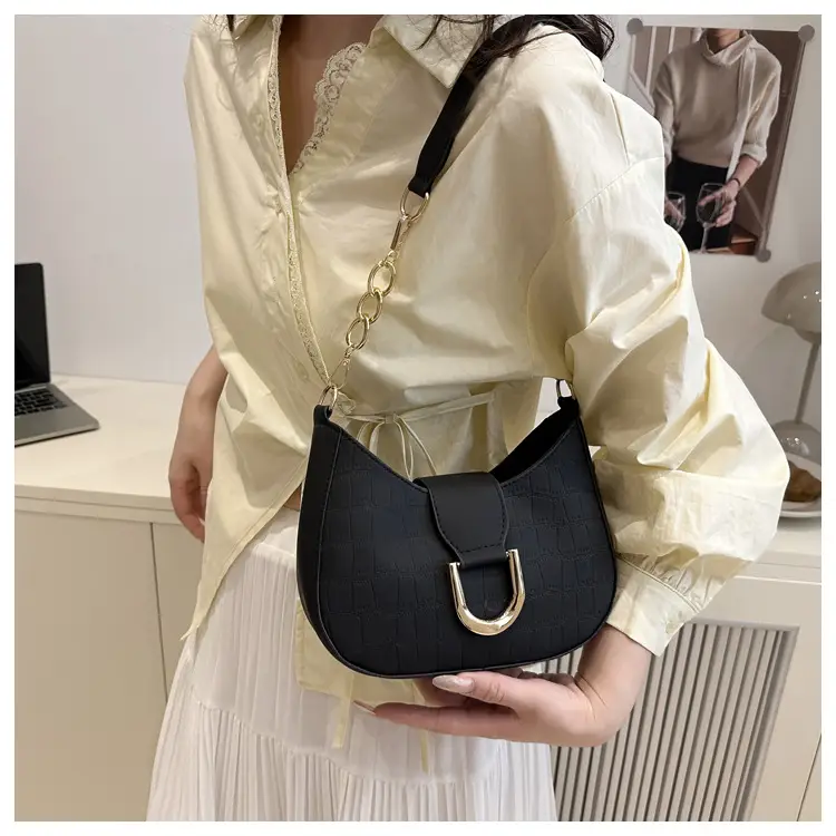 Women's White Embroidered Shoulder Bag with Gold Buckle — feature 19