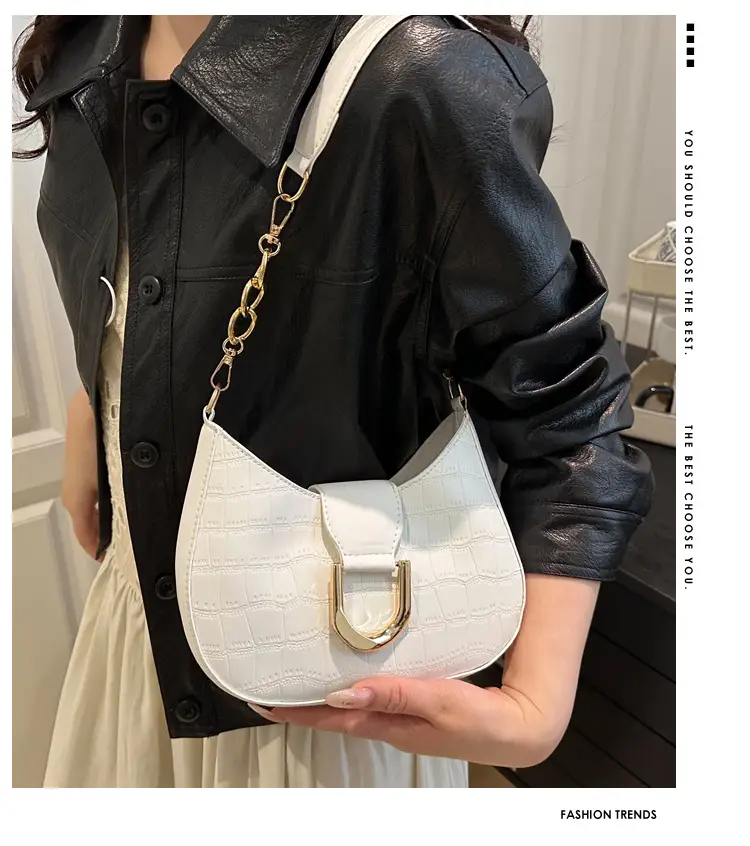 Women's White Embroidered Shoulder Bag with Gold Buckle — feature 2