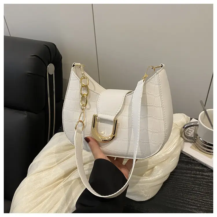 Women's White Embroidered Shoulder Bag with Gold Buckle — feature 24
