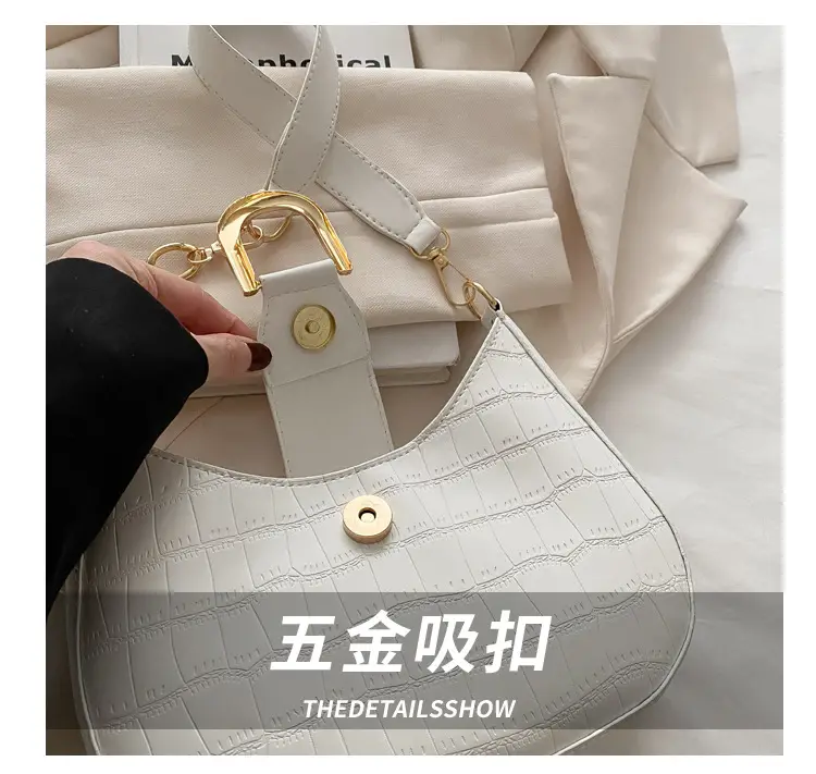 Women's White Embroidered Shoulder Bag with Gold Buckle — feature 5