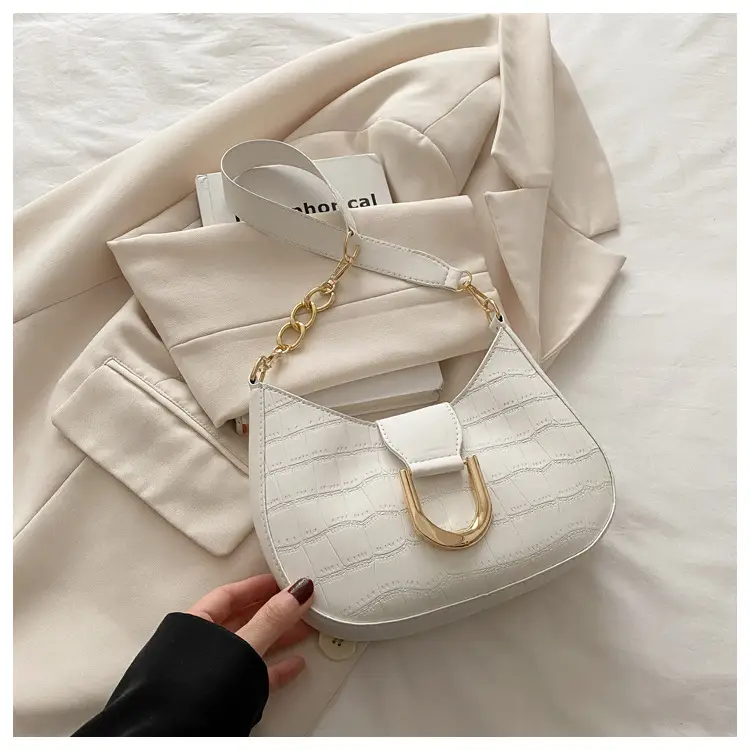 Women's White Embroidered Shoulder Bag with Gold Buckle - Image 2