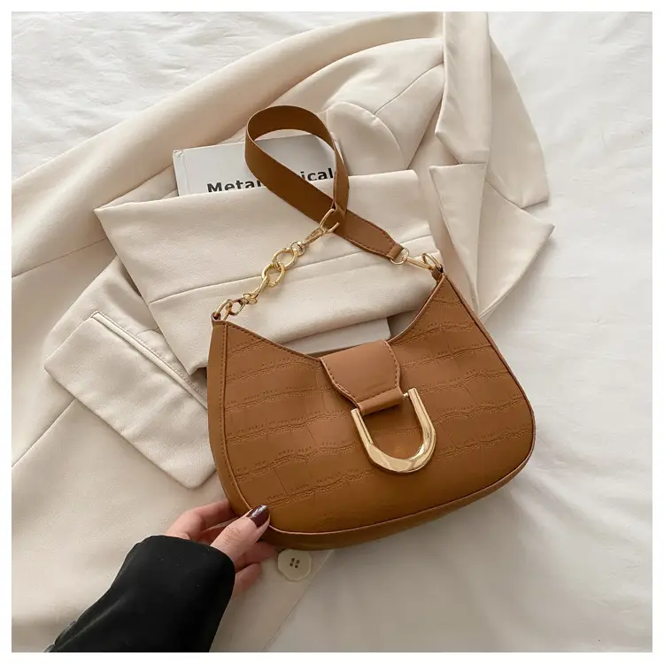 Women's White Embroidered Shoulder Bag with Gold Buckle - Image 3