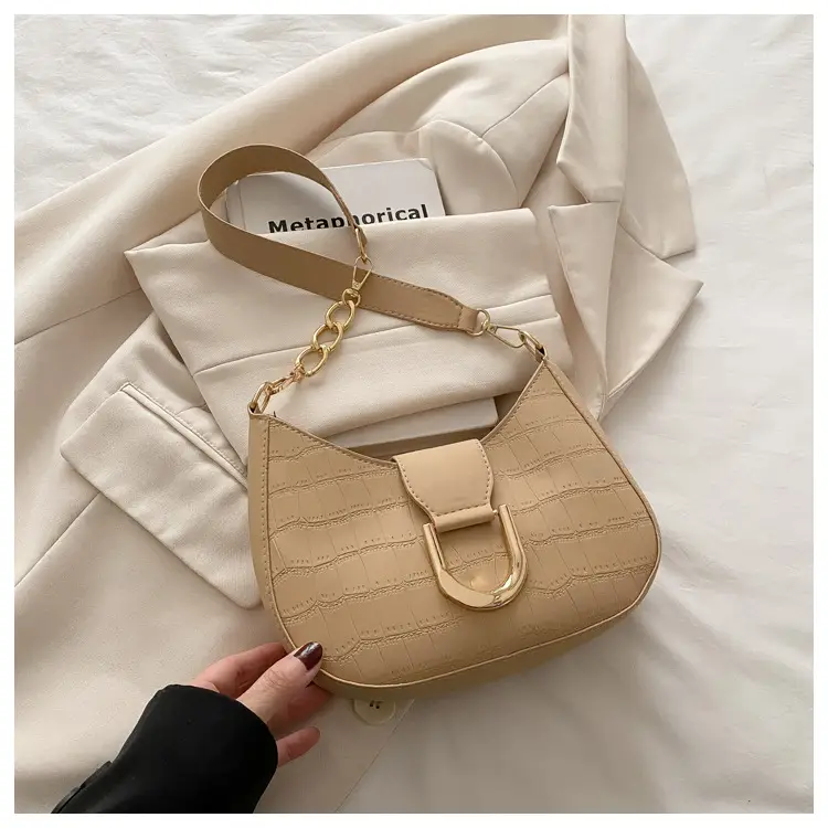 Women's White Embroidered Shoulder Bag with Gold Buckle - Image 4