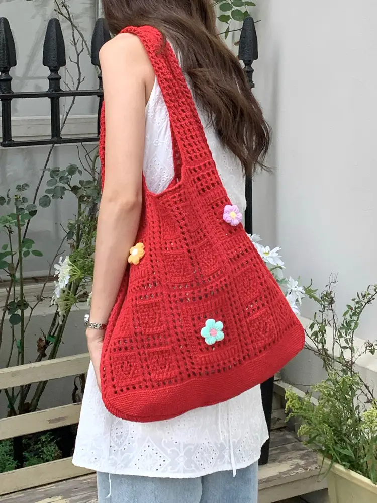 Red Flower Knitted Shoulder Bag for Women - Image 23
