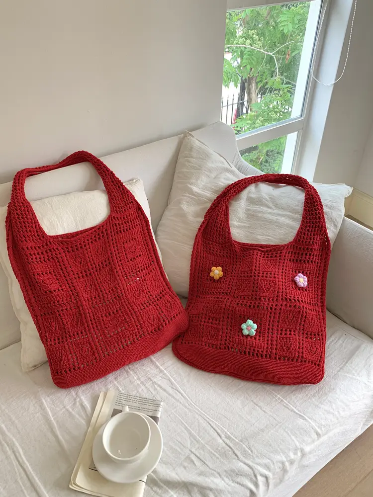 Red Flower Knitted Shoulder Bag for Women - Image 24