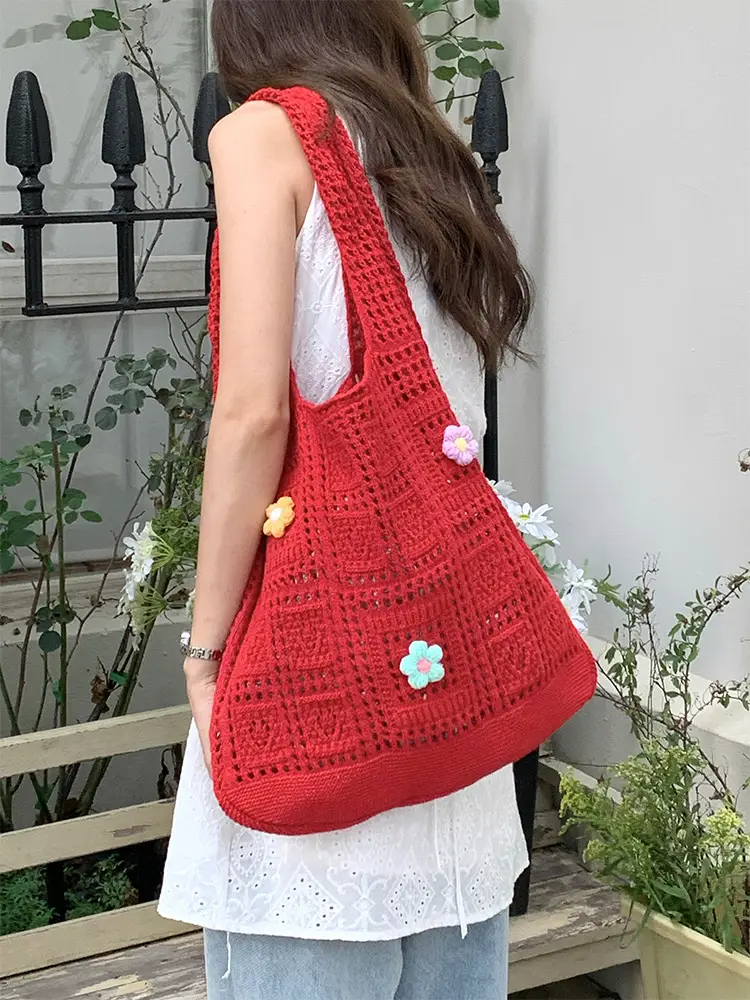 Red Flower Knitted Shoulder Bag for Women — feature 7