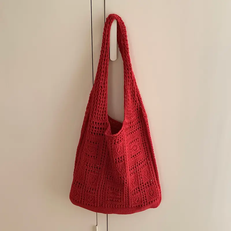 Red Flower Knitted Shoulder Bag for Women - Image 11