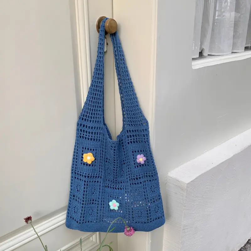 Red Flower Knitted Shoulder Bag for Women - Image 5