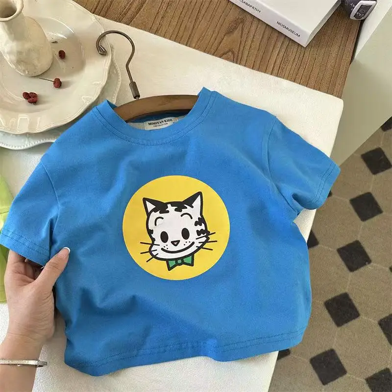 Blue Cartoon Cat T-Shirt for Girls Baby Cotton Summer Wear — feature 3