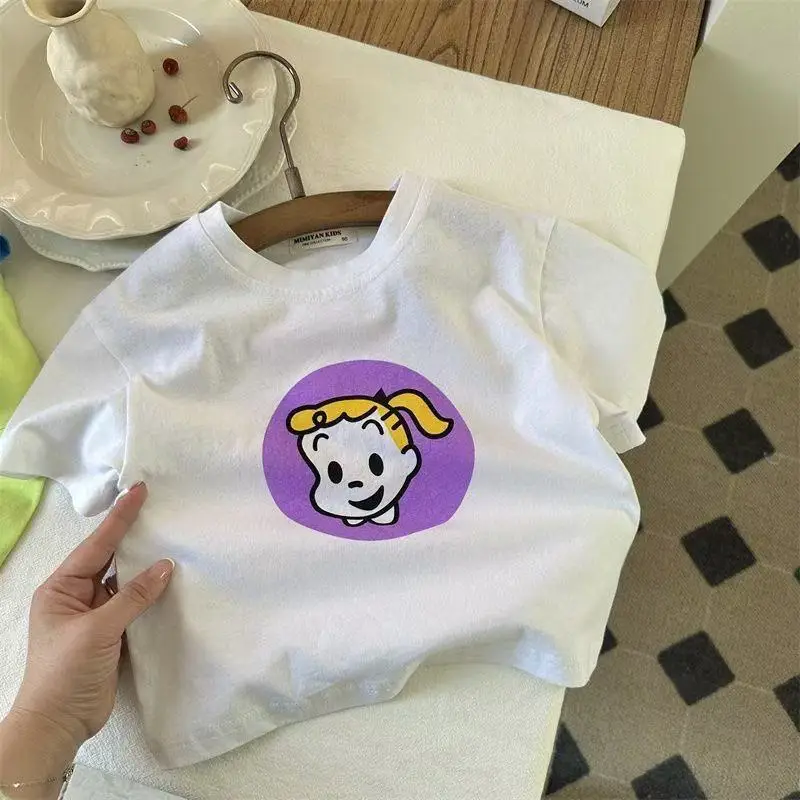 Blue Cartoon Cat T-Shirt for Girls Baby Cotton Summer Wear - Image 3