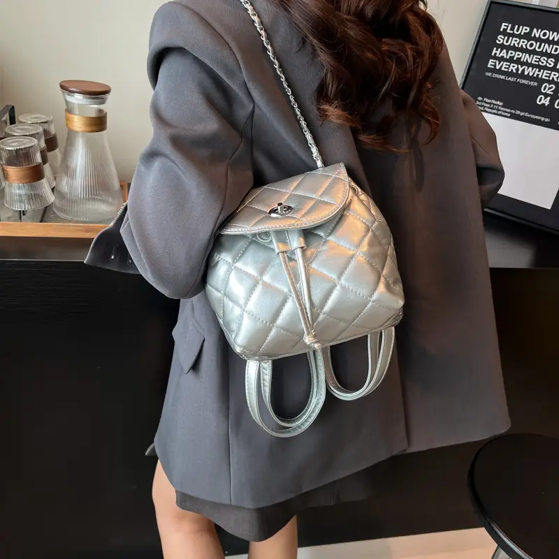Silver Quilted Korean Style Backpack for Women - Image 9